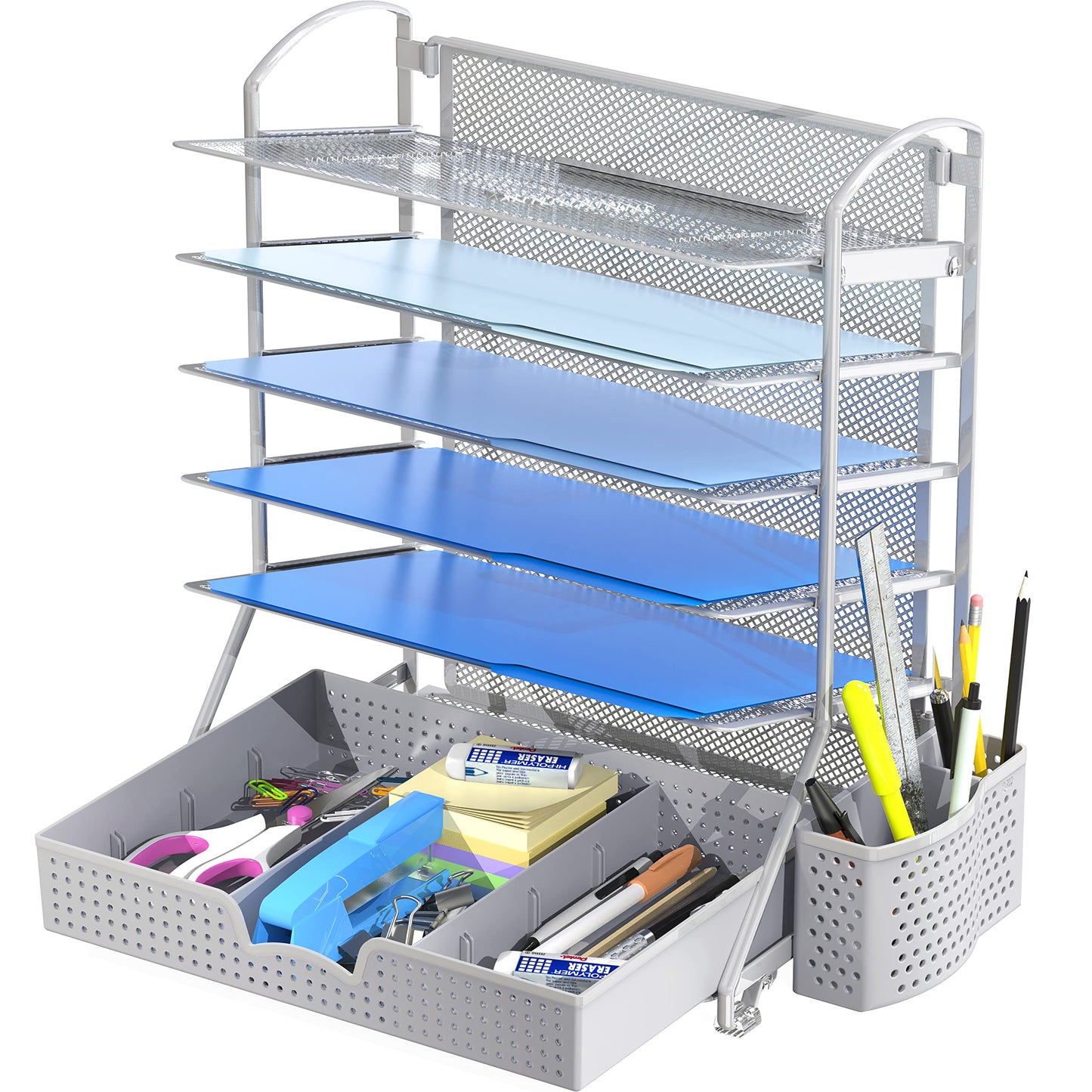 Simple Houseware 6-Tier Desk File Organizer w/Drawer & Pen Holder, Silver