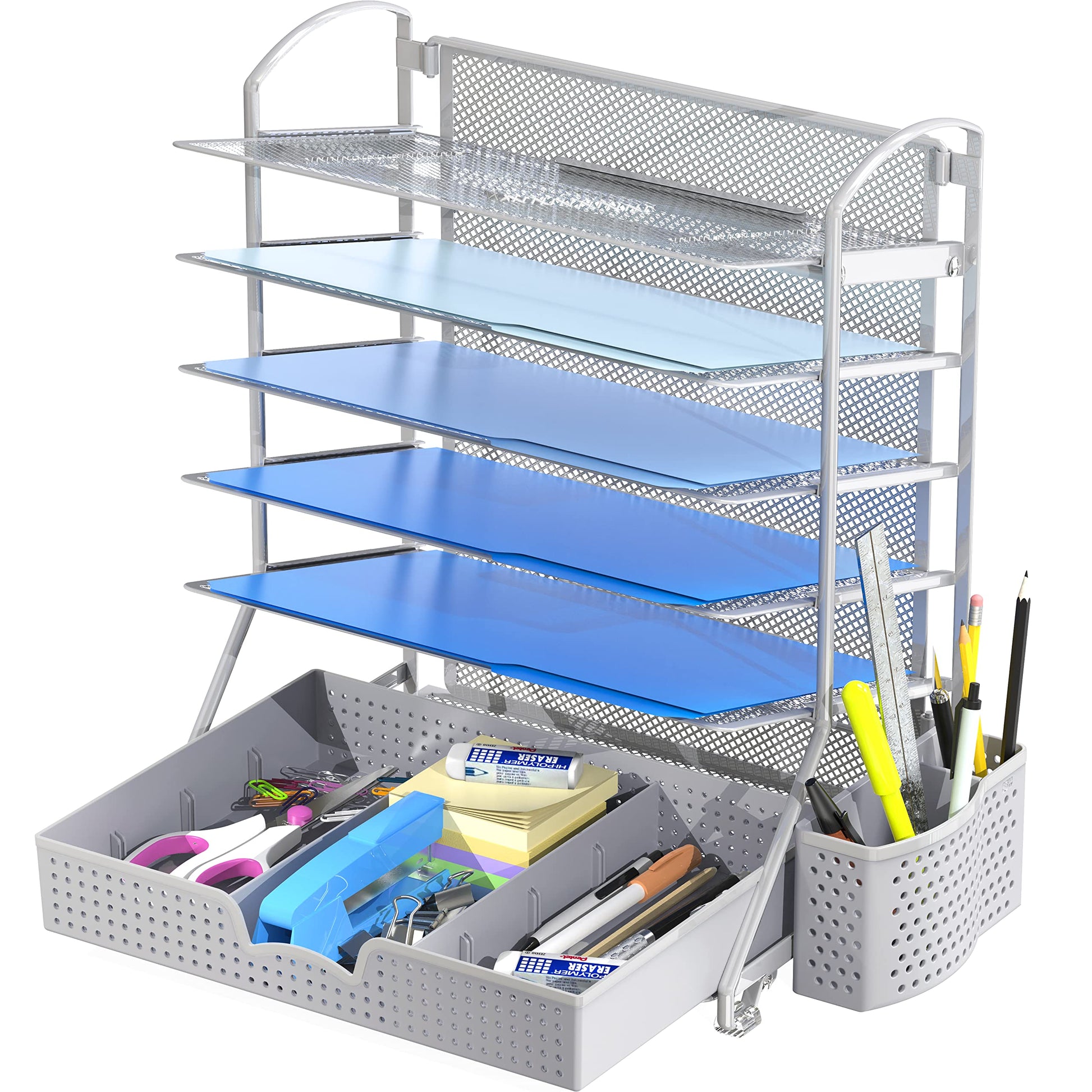 Simple Houseware 6-Tier Desk File Organizer w/Drawer & Pen Holder, Silver