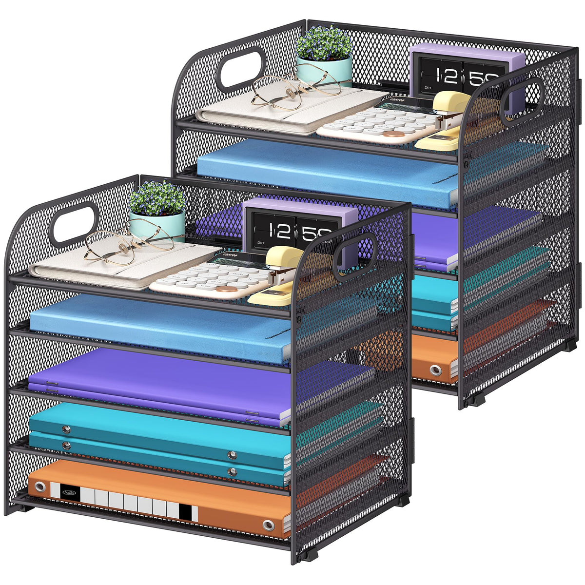 Cawukege 2 Pack 5 Tier Paper Organizer, Letter Tray with Handle, Mesh Desk Organizer, Metal File