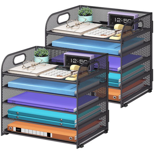 Cawukege 2 Pack 5 Tier Paper Organizer, Letter Tray with Handle, Mesh Desk Organizer, Metal File