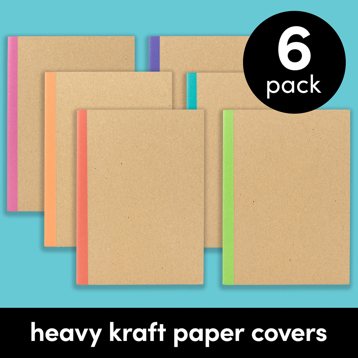 PAPERAGE 6-Pack Composition Notebook Journals, 120 Pages, Kraft Cover with Rainbow Spines, College