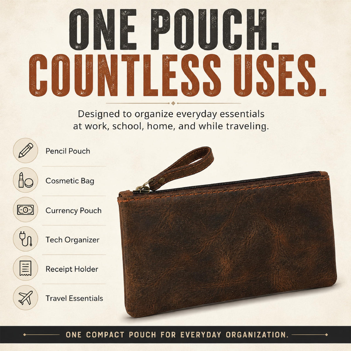 TheAntiq Leather Pencil Pouch, Currency Pouch, Leather Pencil Case, Zippered Pouch Paper Money, Pen