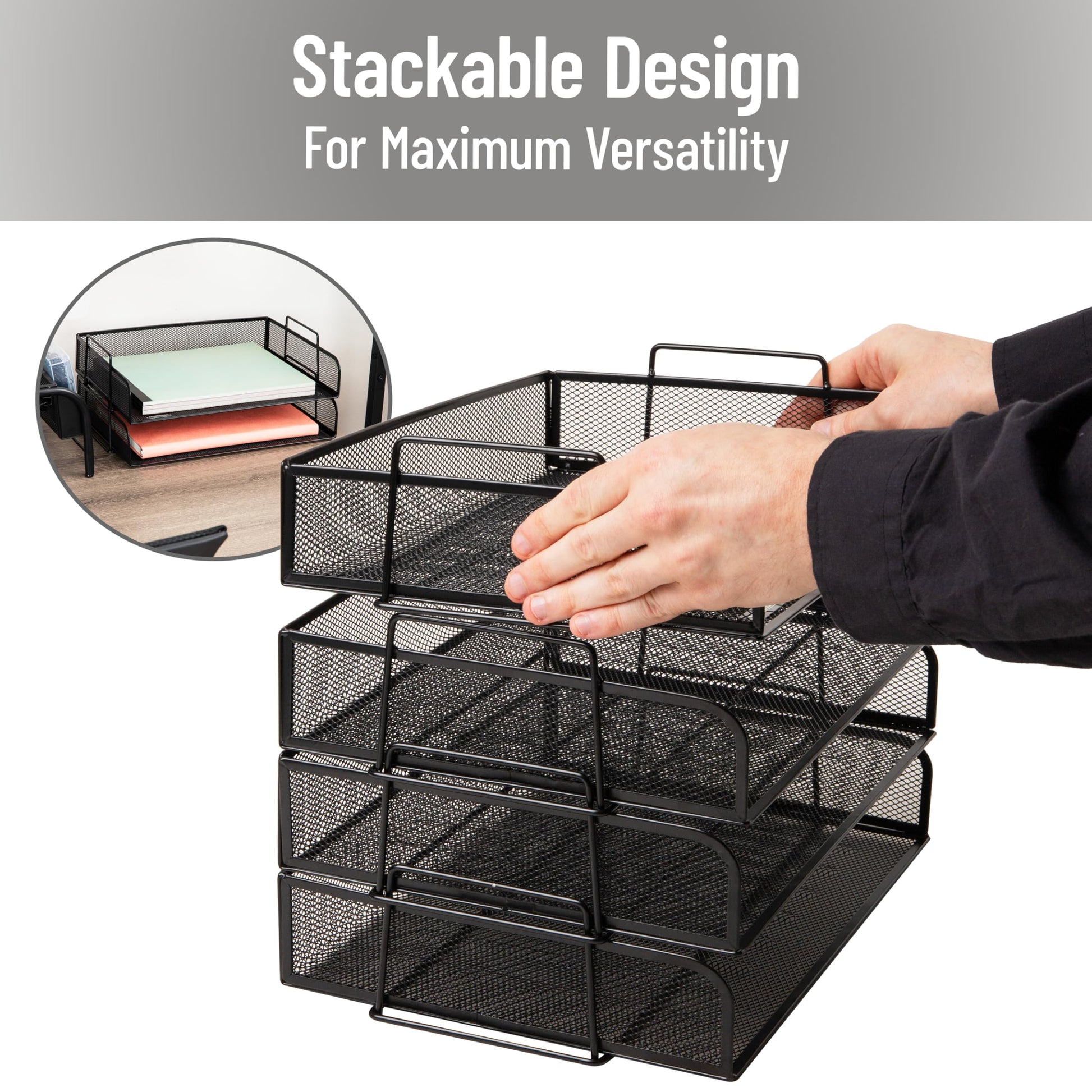 Mind Reader Stackable Paper Tray, Desktop Organizer, File Storage, Office, Metal Mesh, 4 Pcs., Black