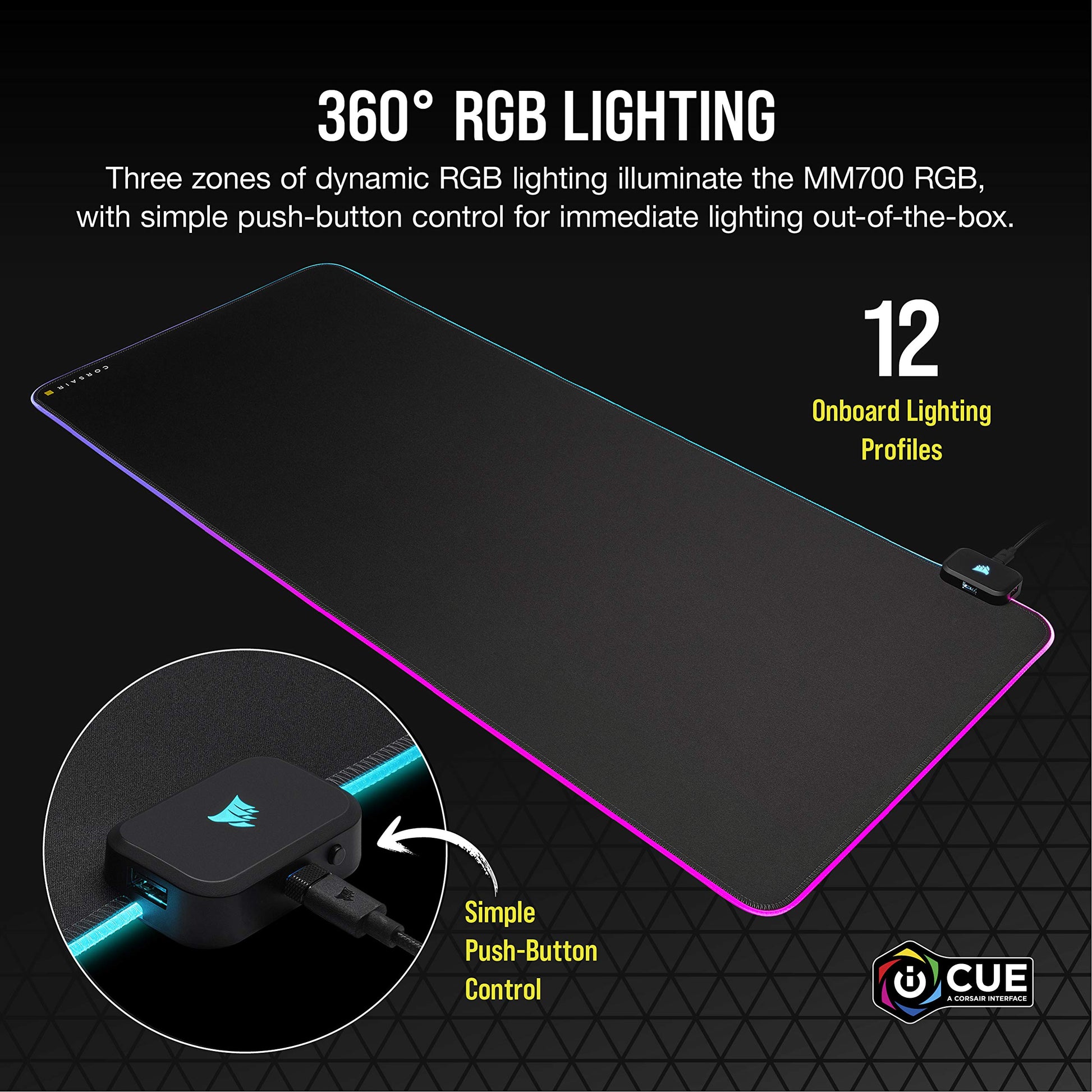 Corsair MM700 RGB Extended Cloth Gaming Mouse Pad - 36.6" x 15.8" - 360° RGB Lighting - Two USB