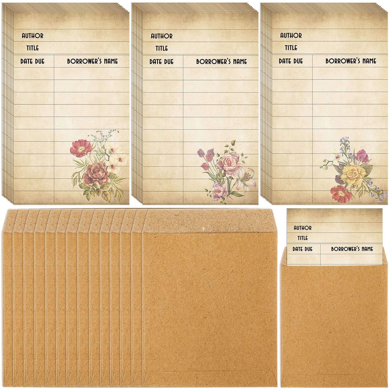Roowest 120 Pack Library Card Pockets Library Checkout Index Cards, Flowers