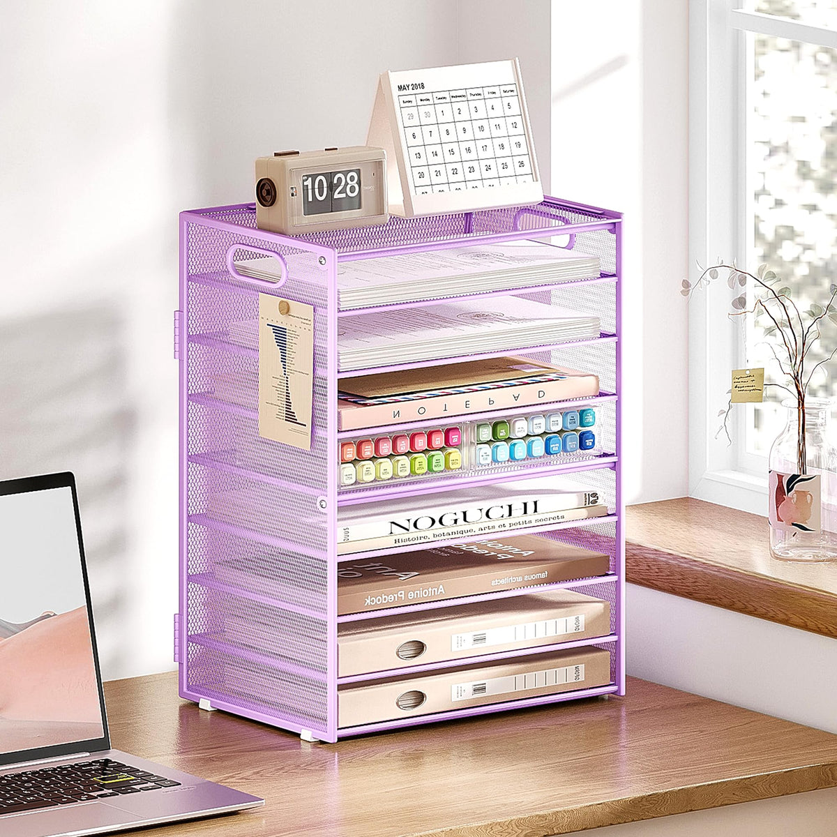 SUBEKYU 9 Tier Paper Letter Tray Desk Organizer with Handles - Purple Metal Mesh File Holder Paper