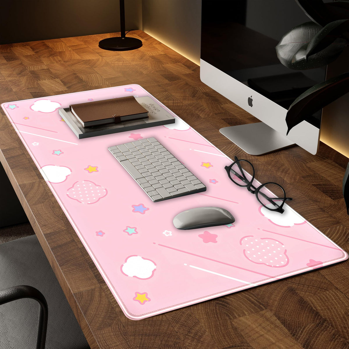 Pink Mouse Pad Large Desk Mat Gaming, Kawaii Desk Pads Stars Mouse Mat XXL Cute Keyboard Pad