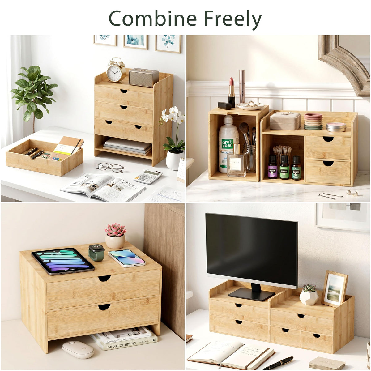 Bamboo Desk Organizer with Drawers, Desktop Storage for Office Supplies