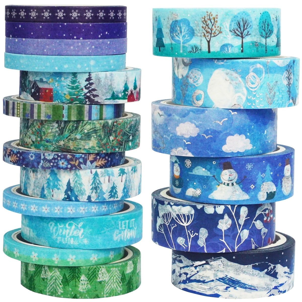 YUBX Winter Washi Tape Set 19 Rolls Skinny Snow Embellishment Blue Silver Foil Decorative Masking