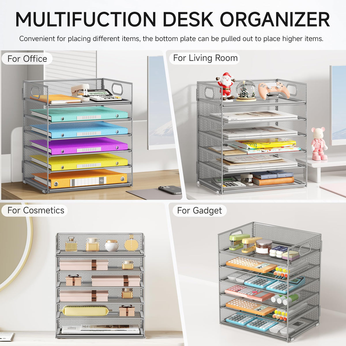 6 Tray Paper Organizer Letter Tray with Handle - Mesh Desk File Folder Holder, Paper Sorter for