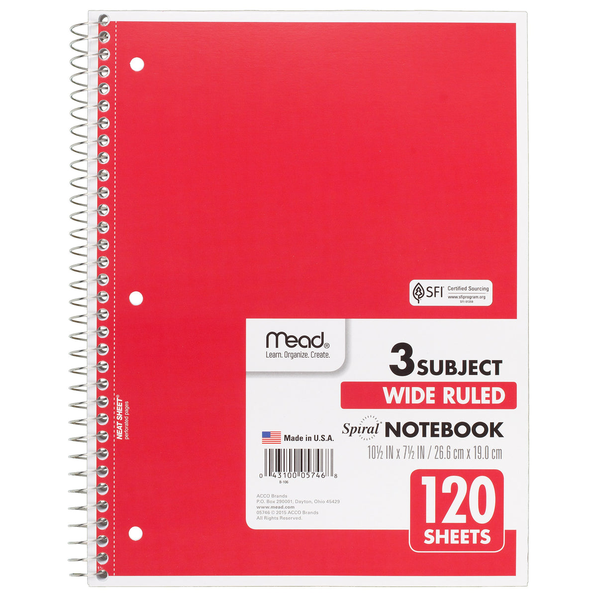 Mead Spiral Notebooks, 3 Subject, Wide Ruled Paper, 120 Sheets, 10-1/2" x 7-1/2", Red, Green, Blue