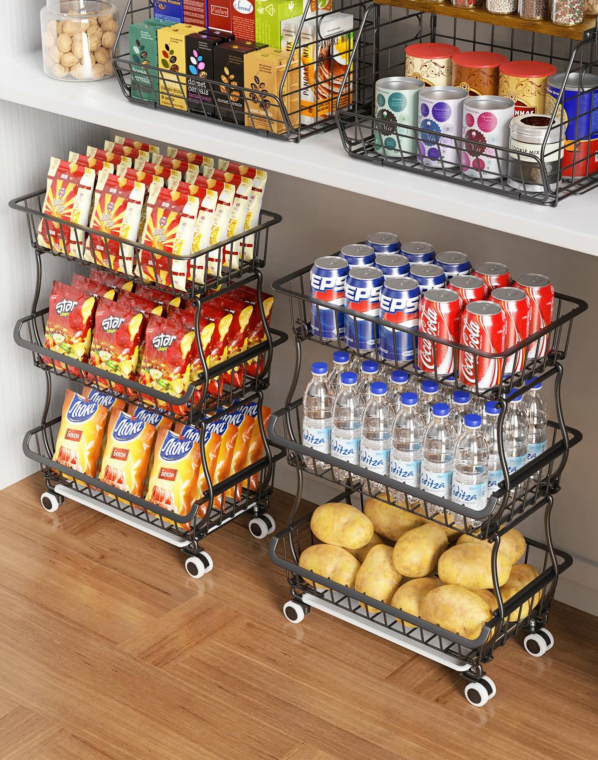 OKZEST 3-Tier Rolling Pantry Floor Organizers and Storage Cart with Wheels