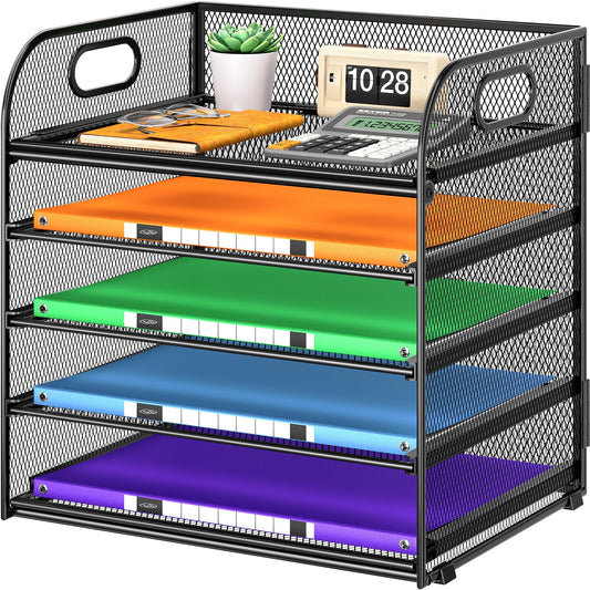 Cawukege 5 Tier Paper Organizer with Handle, Black Metal Mesh Desk Organizer File Folder Paper