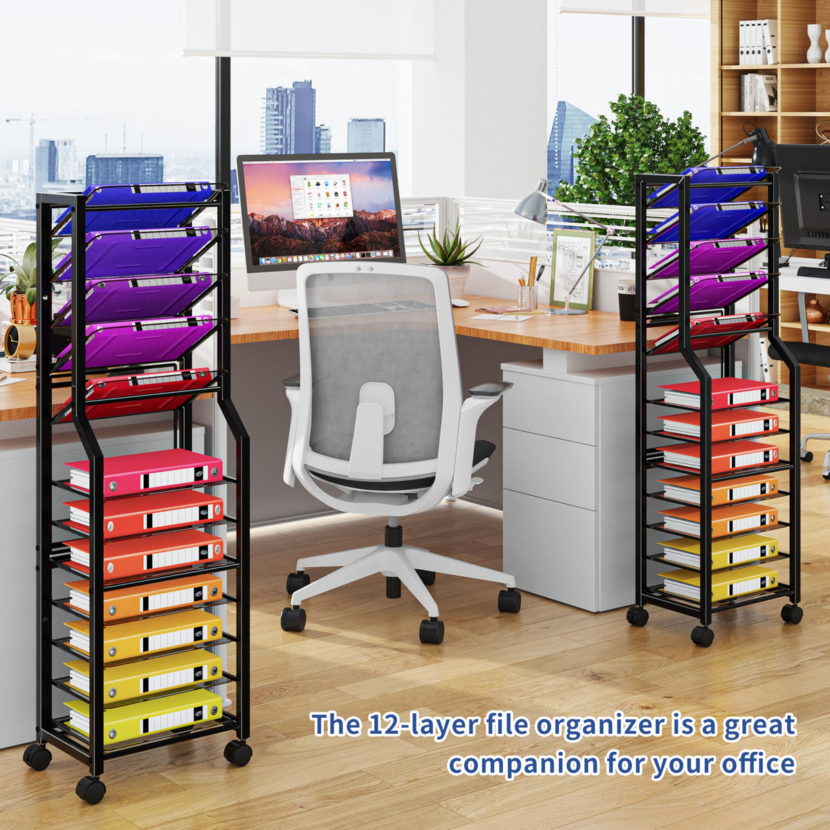 Simple Trending 12 Tier Rolling File Cart, Desk File Organizer with Sliding Trays and Metal Mesh
