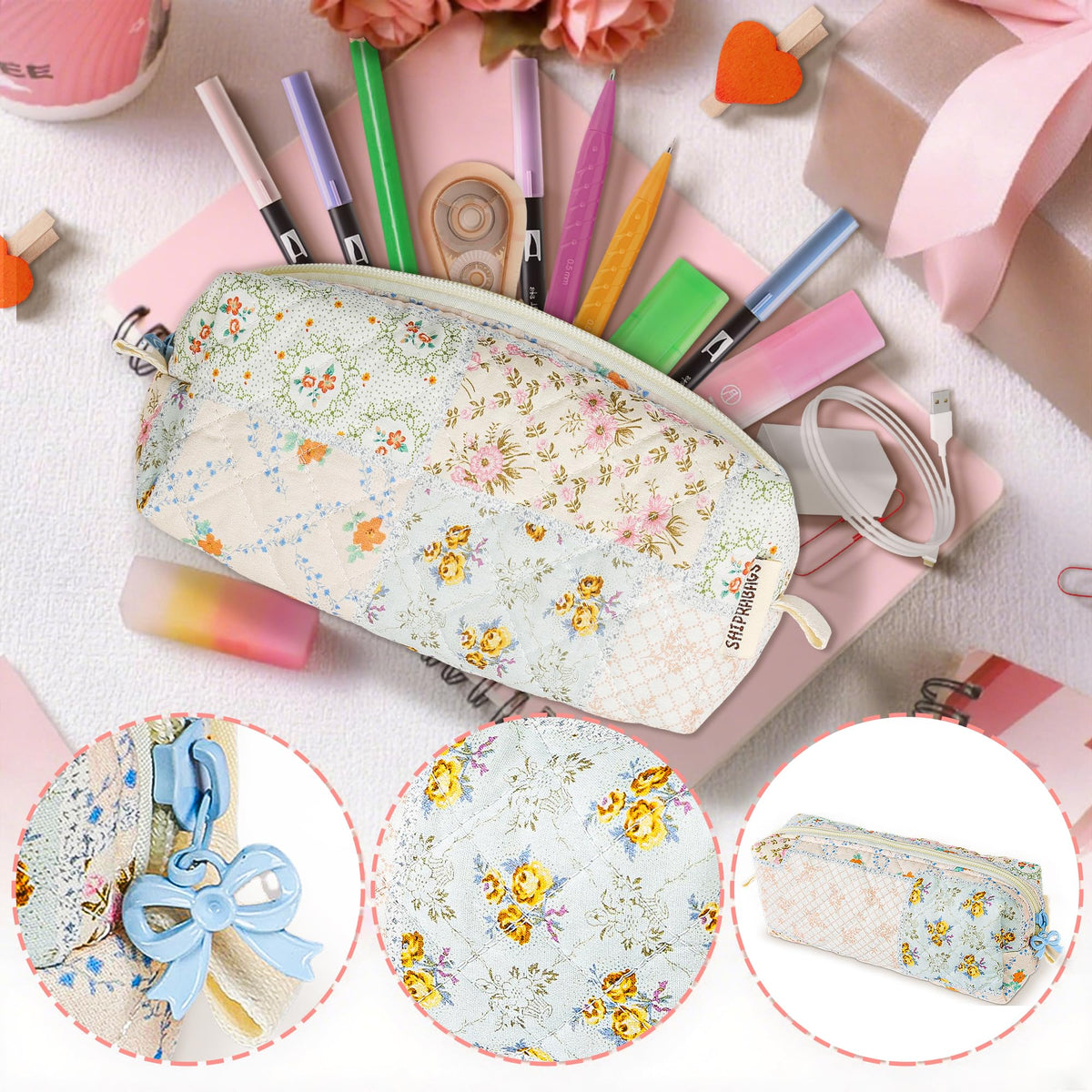 shiprabags Cute Quilted Pencil Case for Women, Aesthetic Small Floral Pencil Pouch, Slim Soft