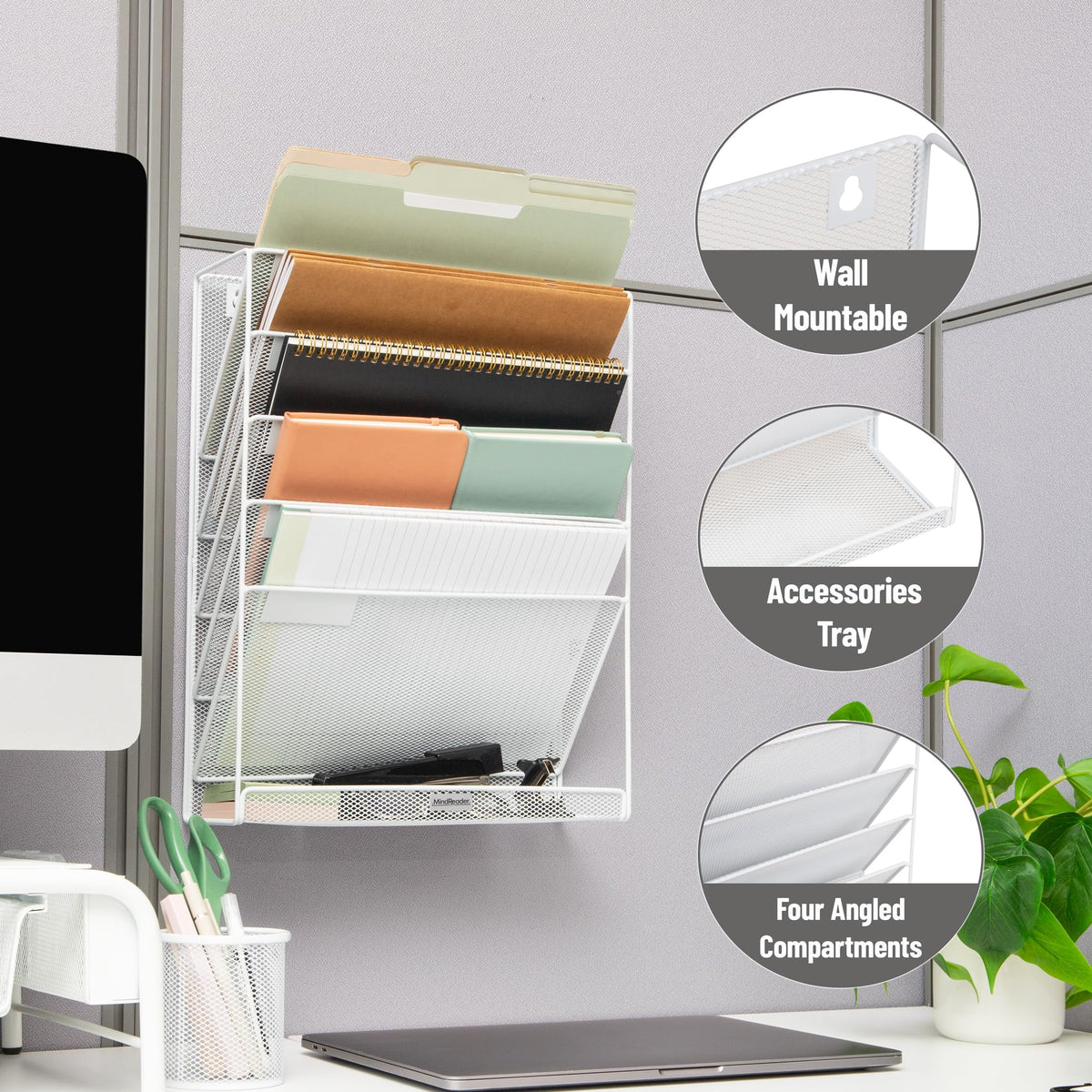 Mind Reader 5-Pocket Vertical File Storage, Desktop Organizer, Wall Mount, Office, Metal Mesh,White