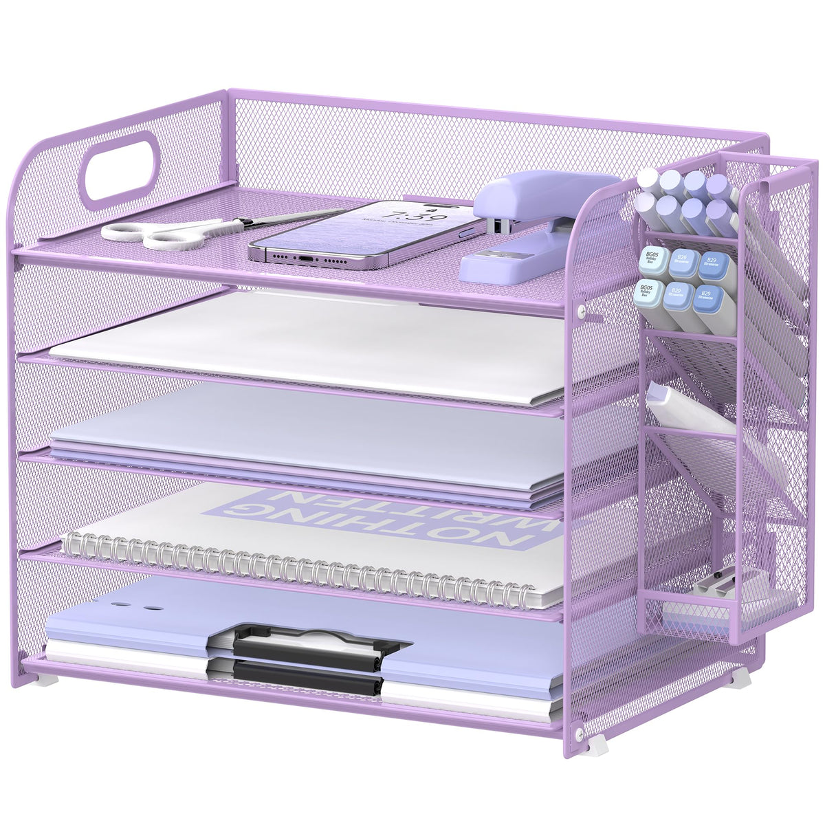 5-Tier Paper Organizer for Desk with Pen Holders, Letter Trays, Purple
