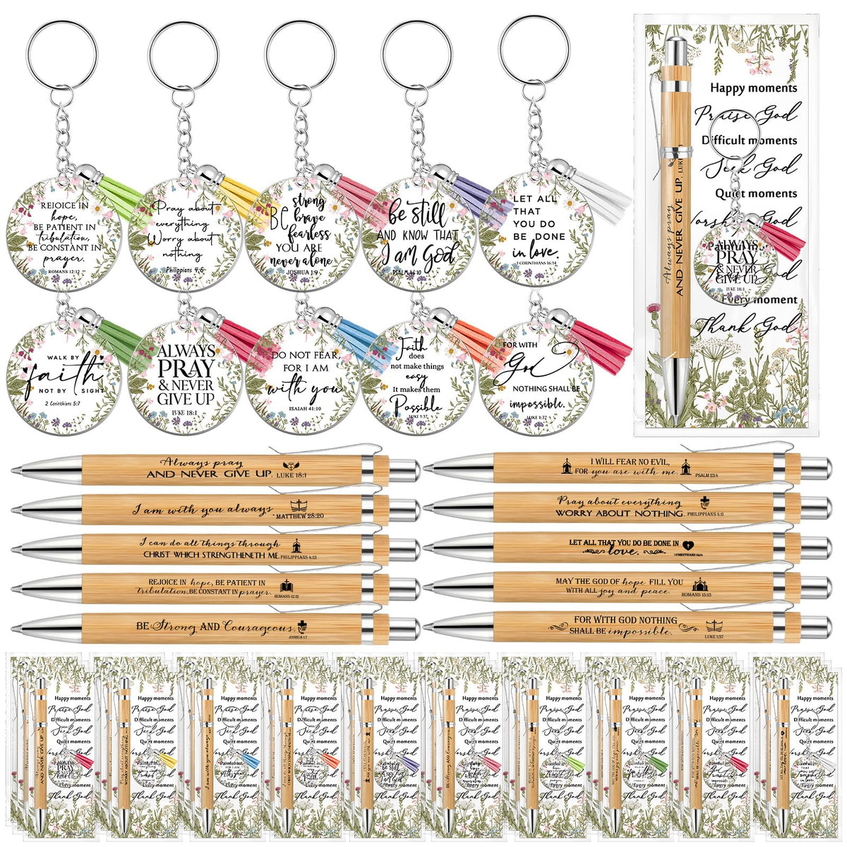 Spakon 50 Sets Christian Gifts Bulk Bible Verse Pens Keychain, Bible