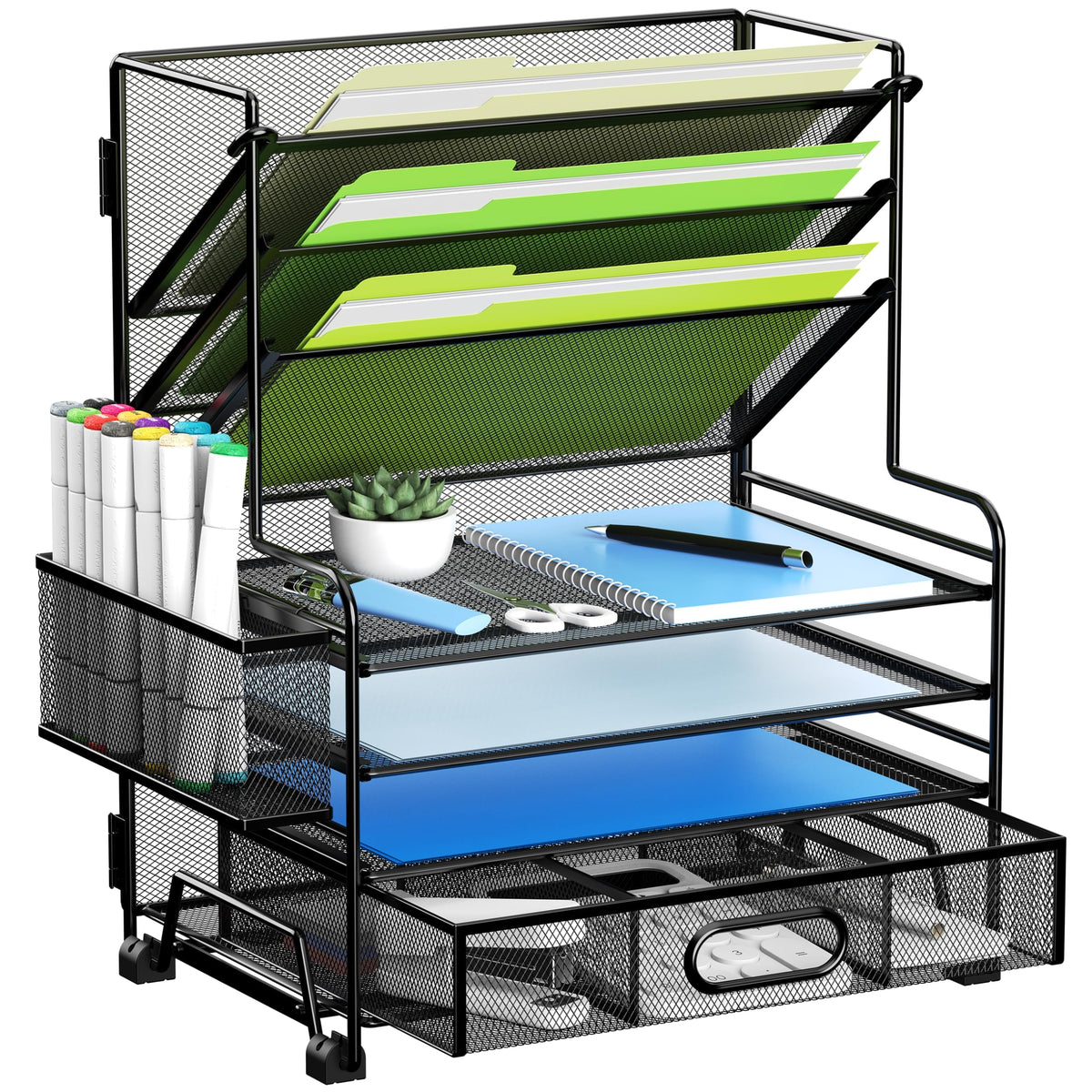 MINDEPOT 4-Tier Paper Organizer + 3-Pocket File Holder + Drawer + Pen Holders, Desktop File