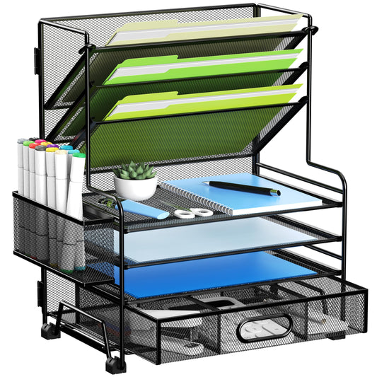 MINDEPOT 4-Tier Paper Organizer + 3-Pocket File Holder + Drawer + Pen Holders, Desktop File