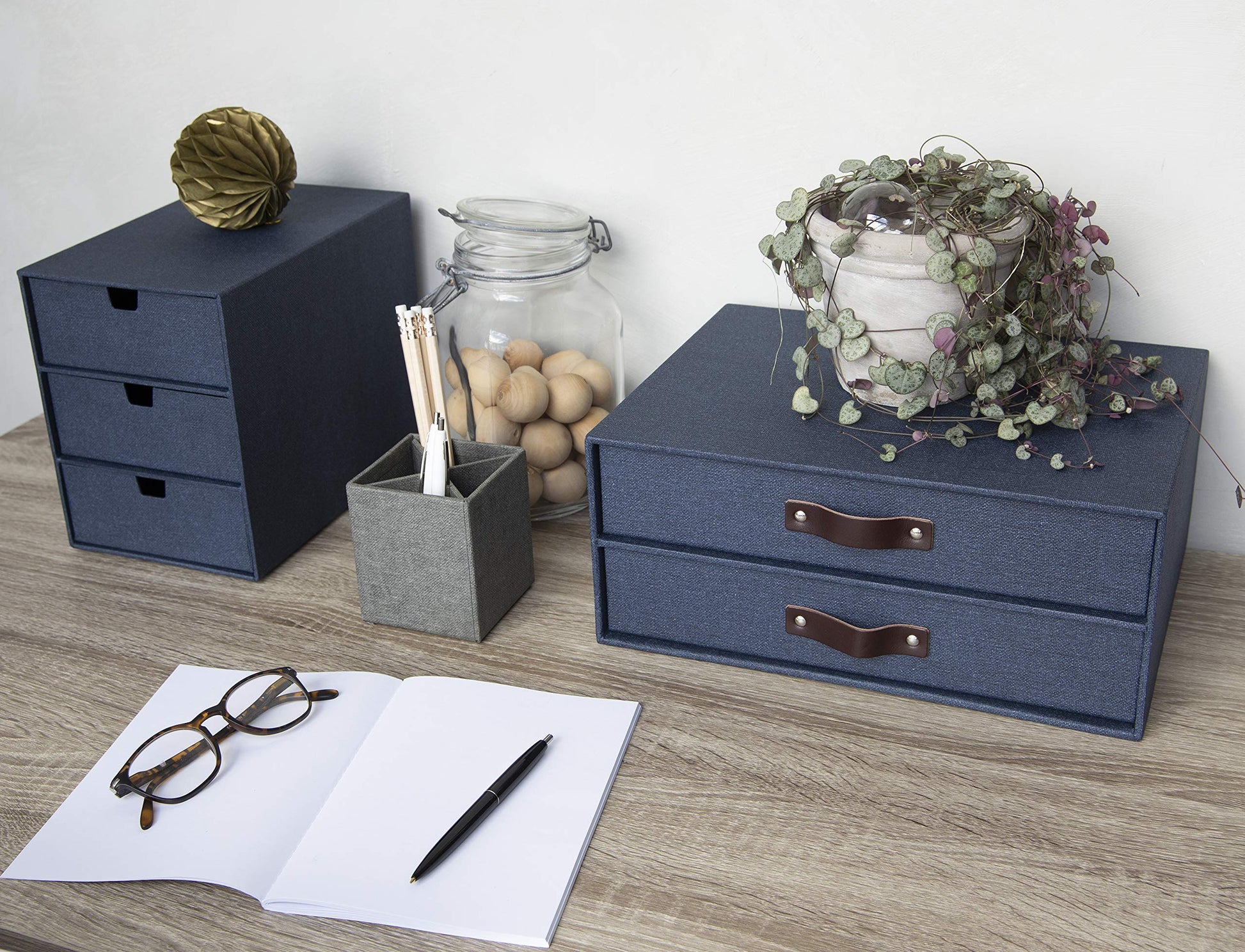 Bigso Birger 2-Drawer Canvas Fiberboard Easy Pull Handle Document Letter Box | Desktop Drawers for