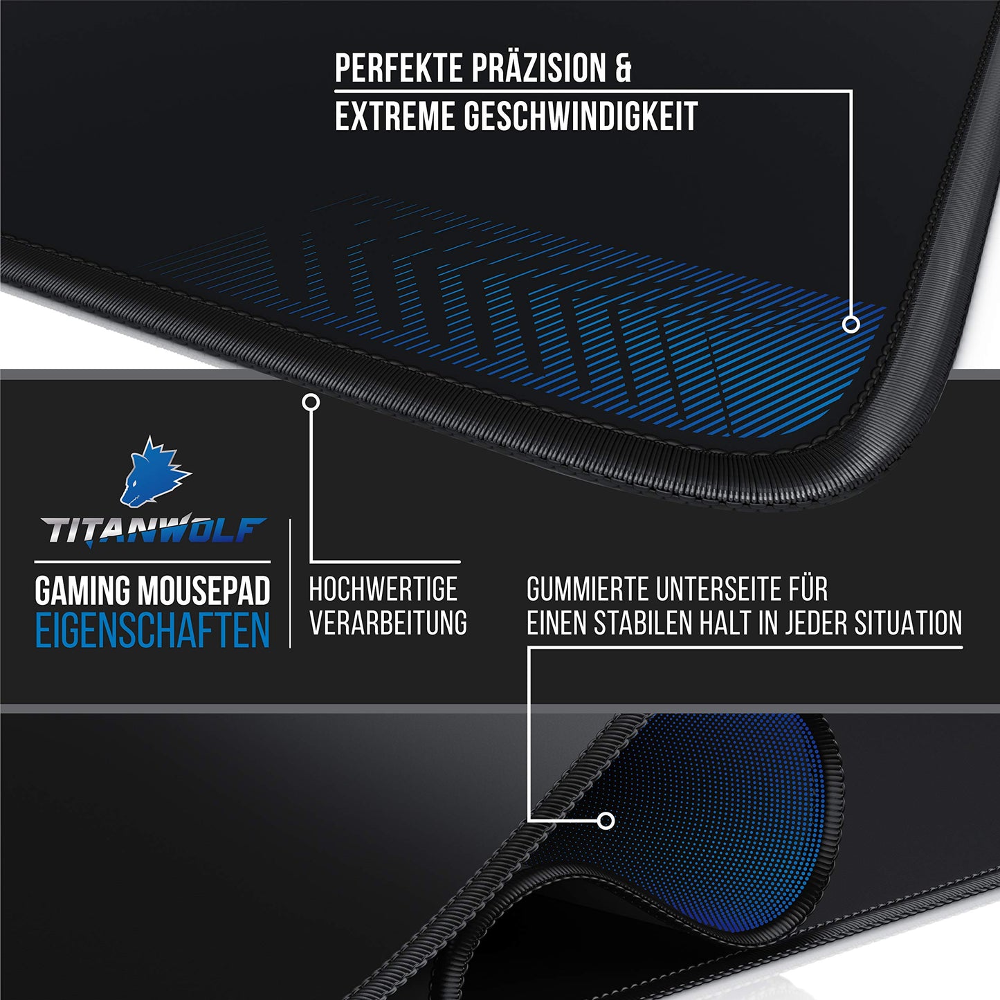Titanwolf - XXL Mouse Mat Complete Black Speed Gaming 900 x 400 mm - XXL Mouse Mat - Table Mat