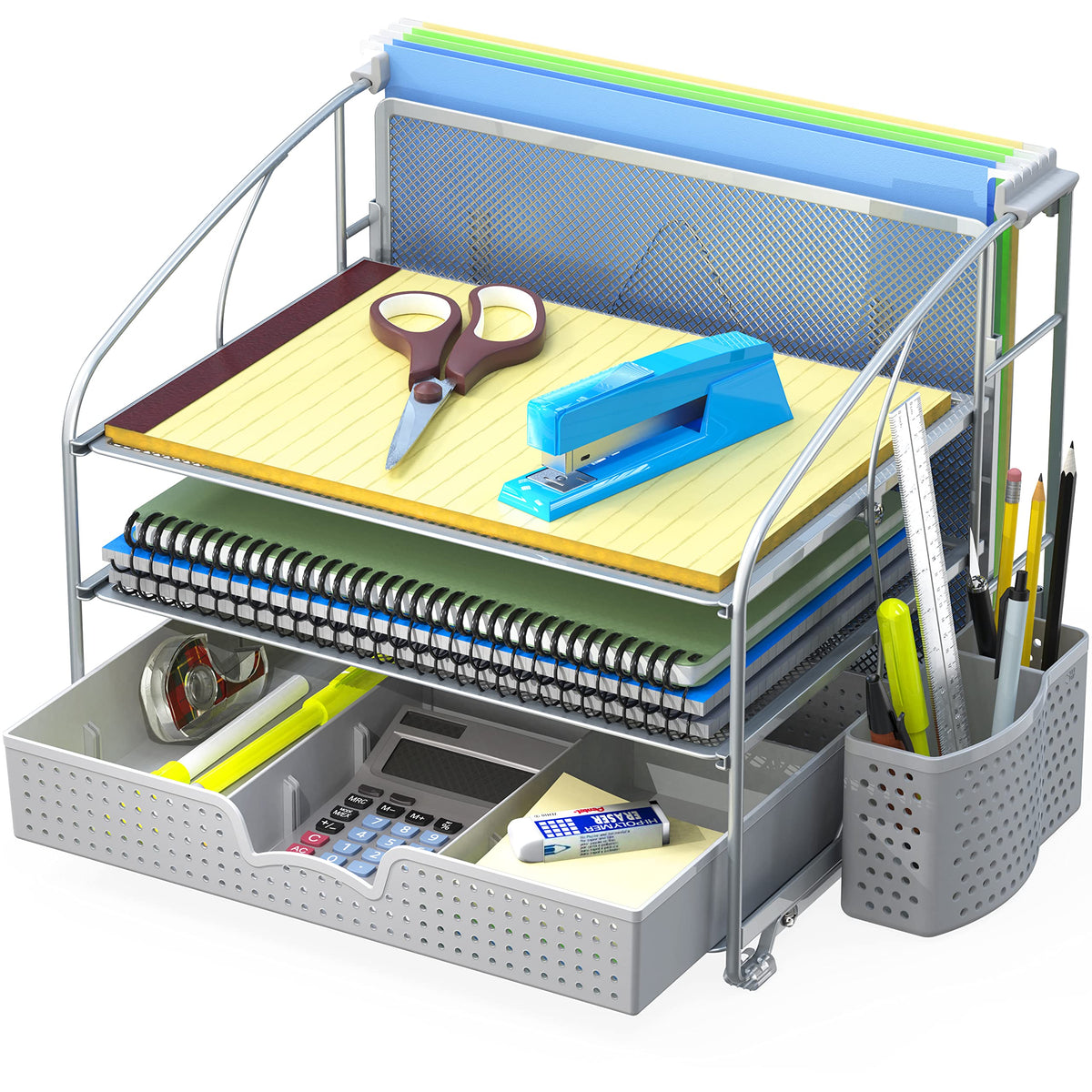 Simple Houseware 3-Tier Desk Organizer with Sliding Drawer, Silver