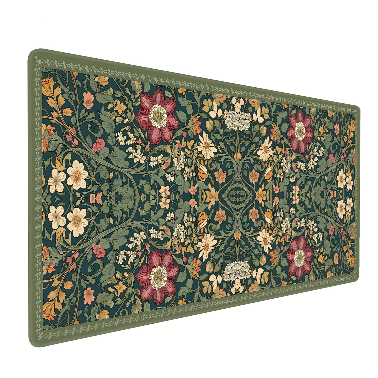 Cute Floral Aesthetic Dahlia Gaming Mouse Pad, Dark Green Rug Desk Mat with Anti-Slip Base &