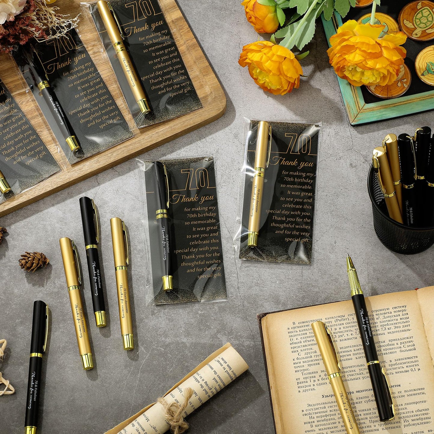 Feifeiya 50 Set 70th Birthday Favors with Black Gold Pens Cards