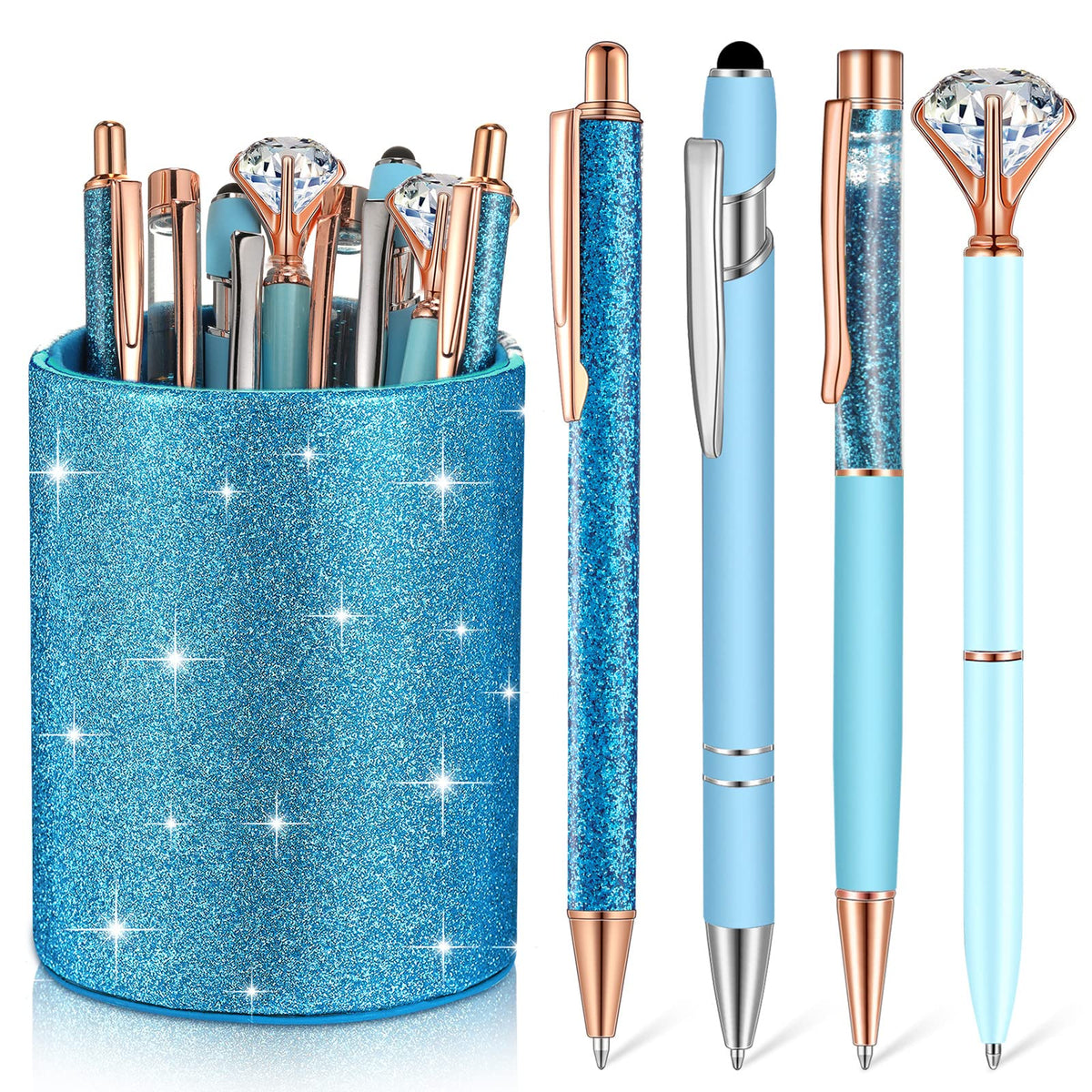 Sabary 8 Pcs Blue Diamond Pens with Glitter Desk Pen Holder for Women