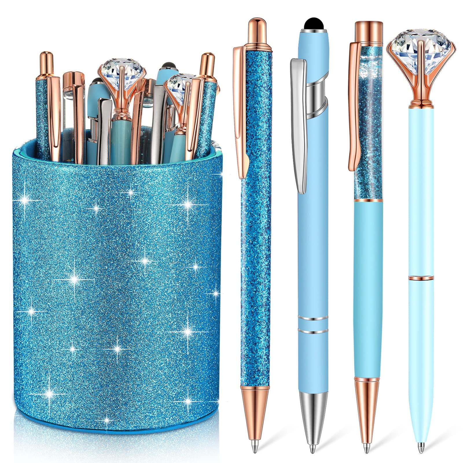 Sabary 8 Pcs Blue Diamond Pens with Glitter Desk Pen Holder for Women