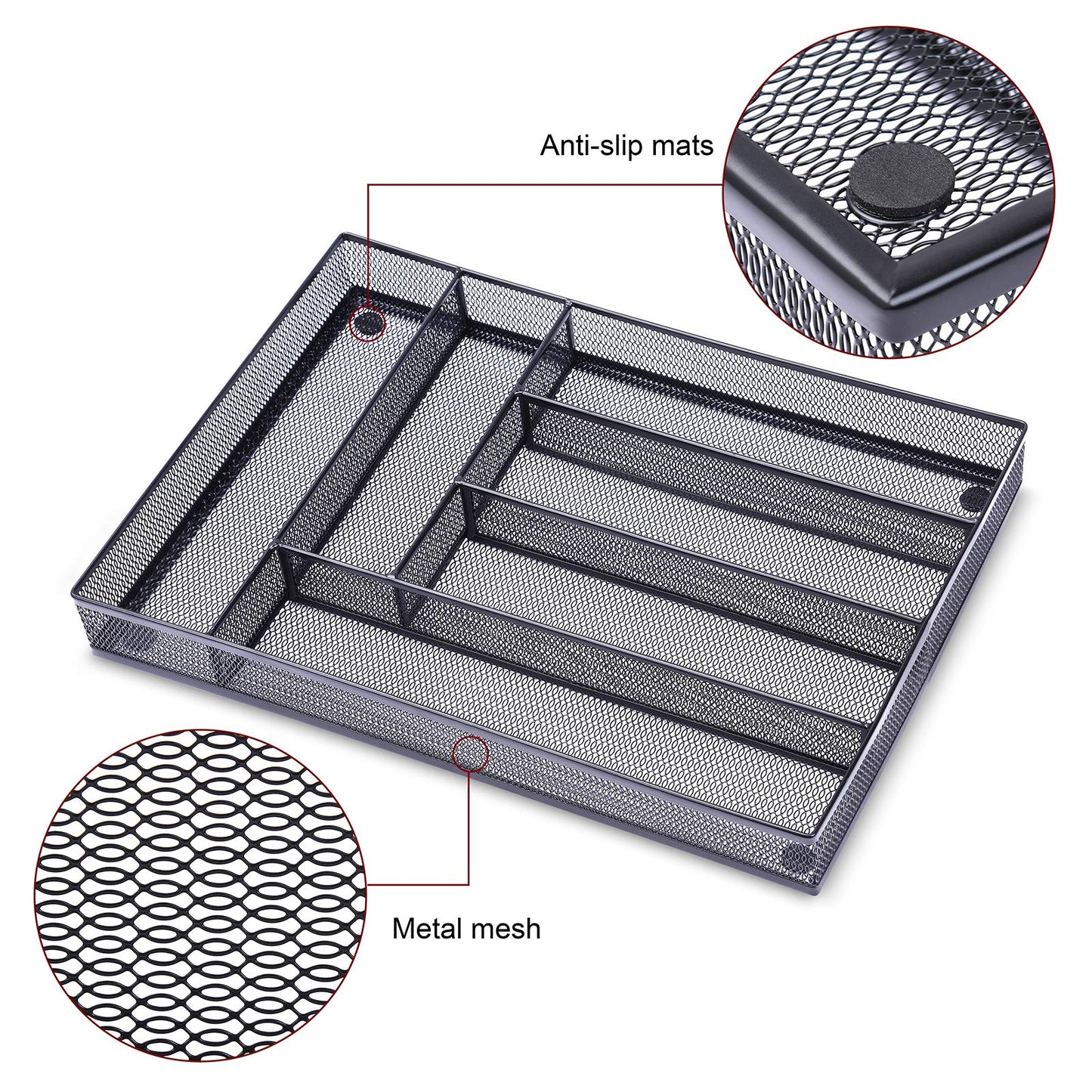 WuGeShop Desk Drawer Organizer with 6 Compartments, Mesh Drawer Organizer Tray for Stationery