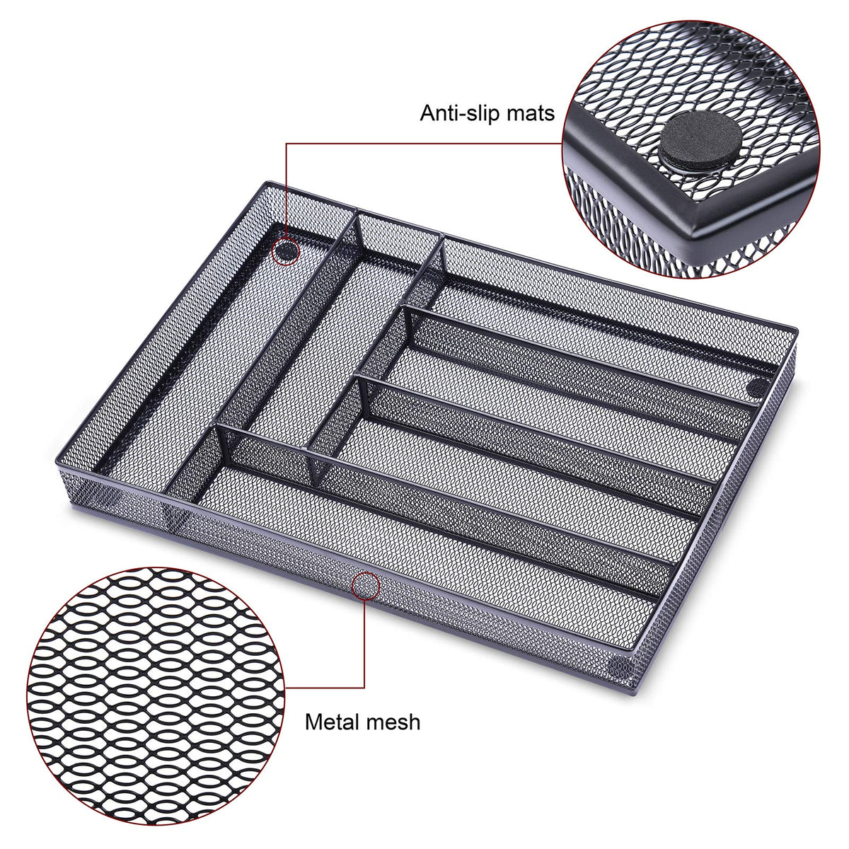 WuGeShop Desk Drawer Organizer with 6 Compartments, Mesh Drawer Organizer Tray for Stationery