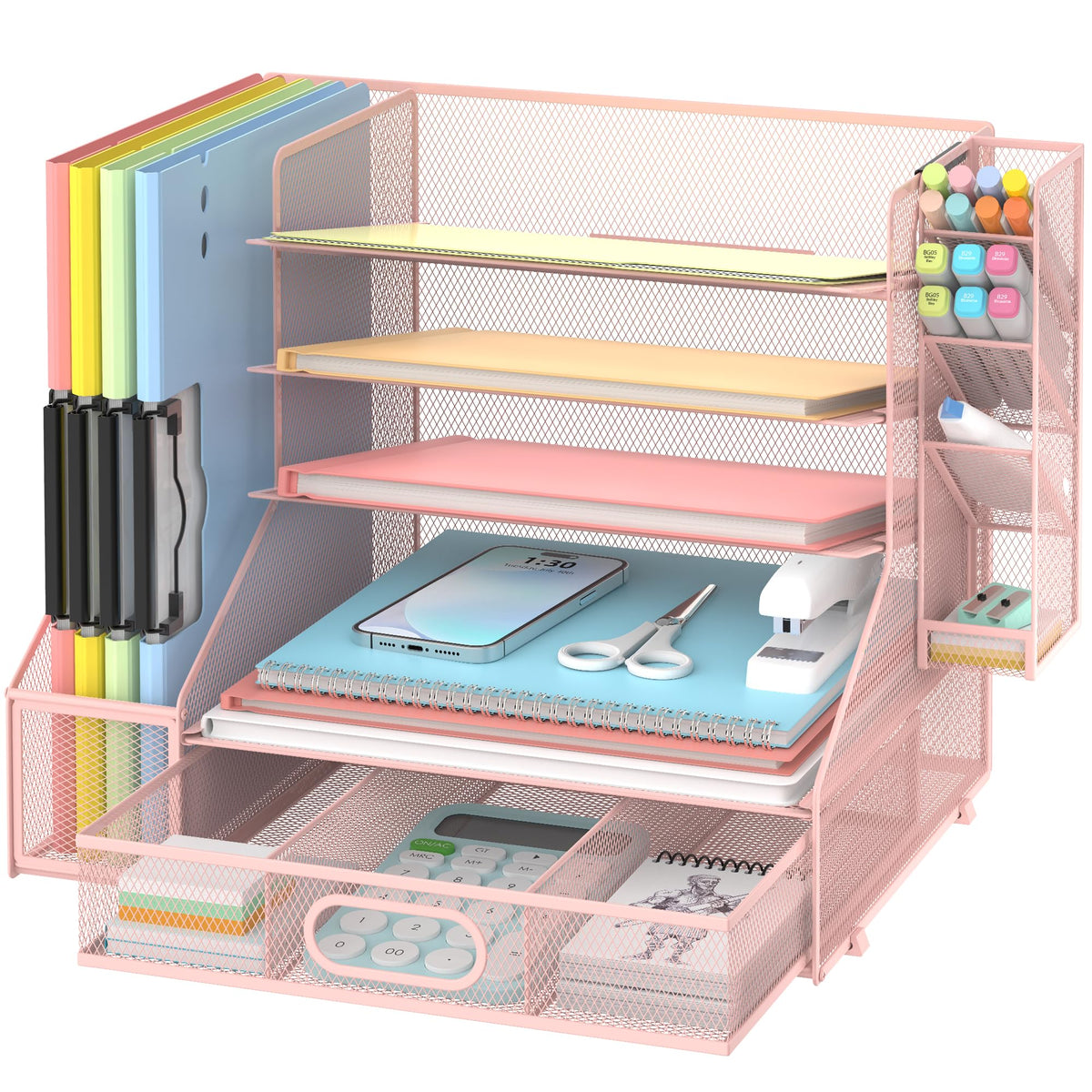 5-Tier Desk Organizer with File Holder & Pen Holder & Sliding Drawer, Pink