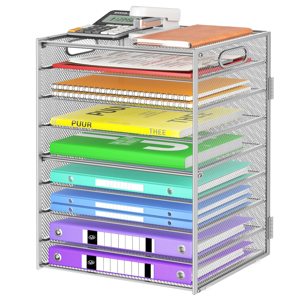 Cawukege 9 Tier Paper Organizer with Handle, Large Capacity Desk Organizer Mesh File Folder Letter