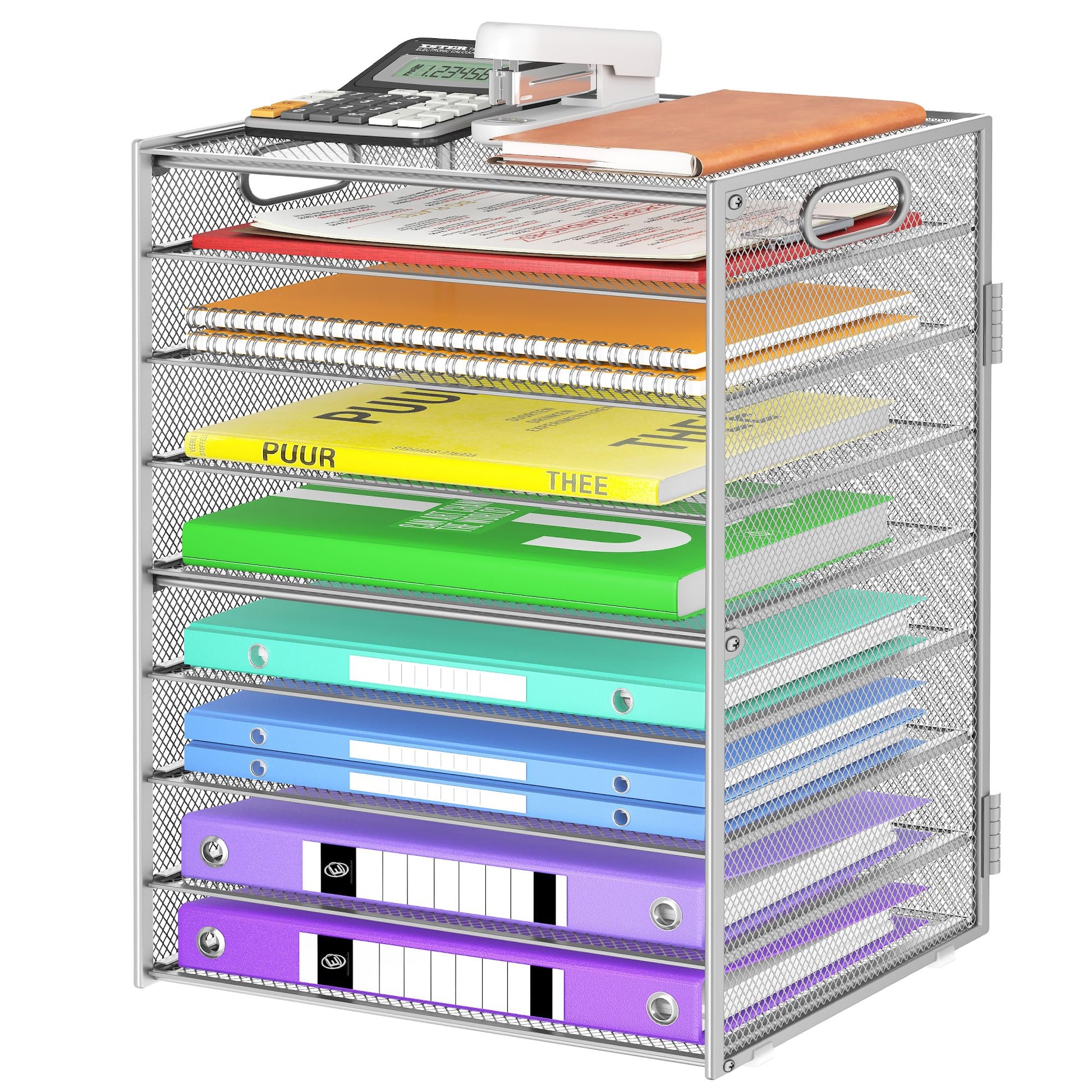 Cawukege 9 Tier Paper Organizer with Handle, Large Capacity Desk Organizer Mesh File Folder Letter