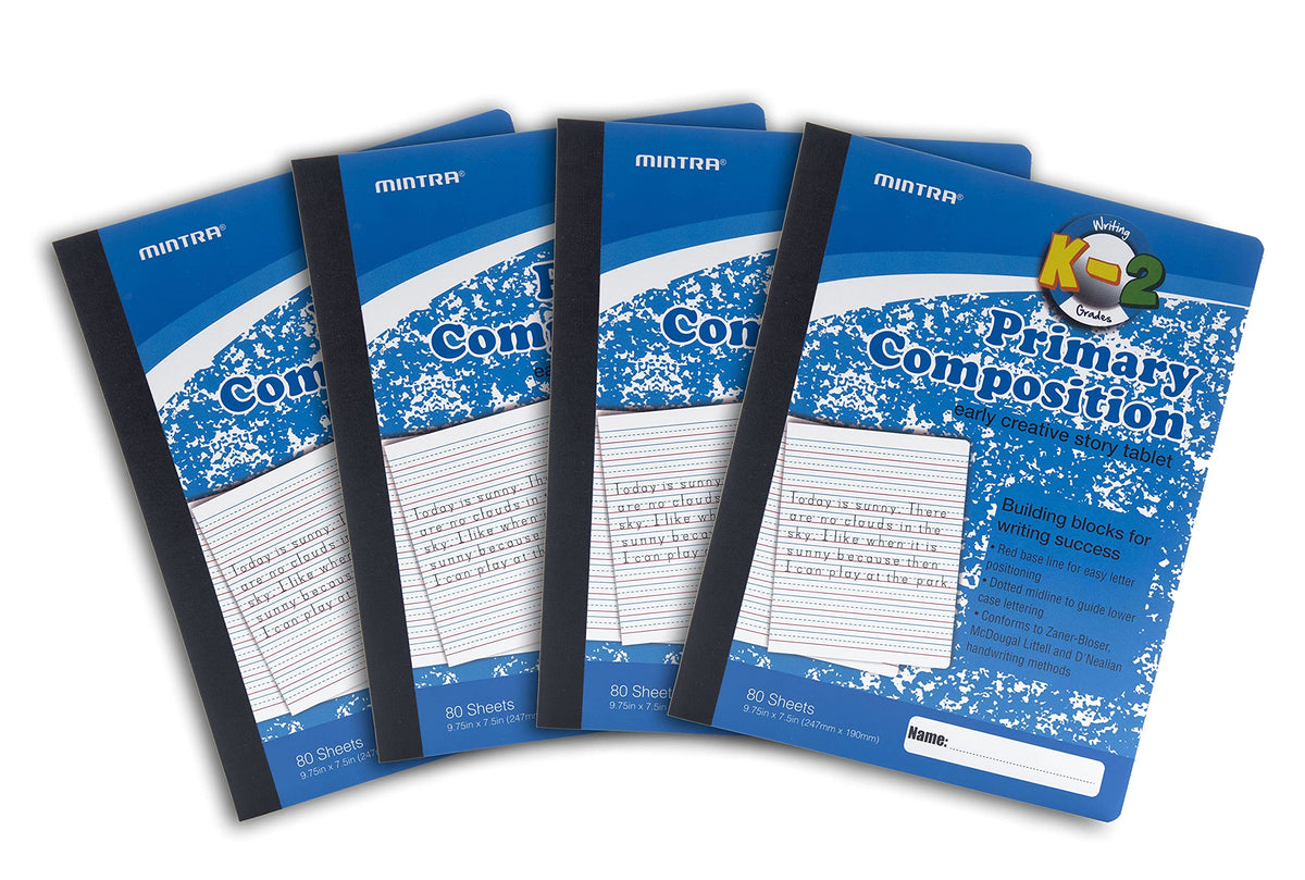 Mintra Primary Composition Notebook, 4 Pack, Blue Cover, 80 Sheets, 7.5in x 9.75in, Full Sheet