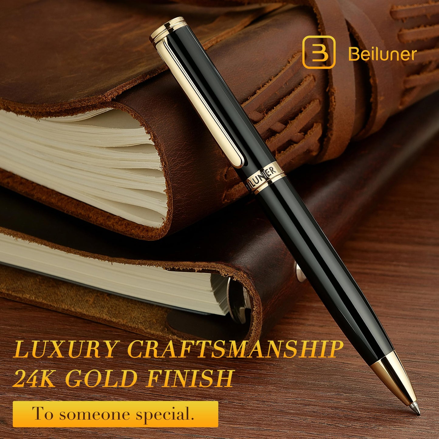 BEILUNER Luxury Gel Pen with 24K Gold Finish, Black Piano Lacquer, Luxury Grade Craftsmanship, Best