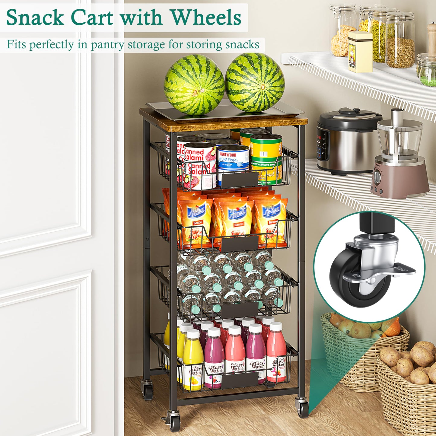 XYZLVSI Kitchen Storage Cart on Wheels, 5 Tier Fruit Vegetable Basket Rack