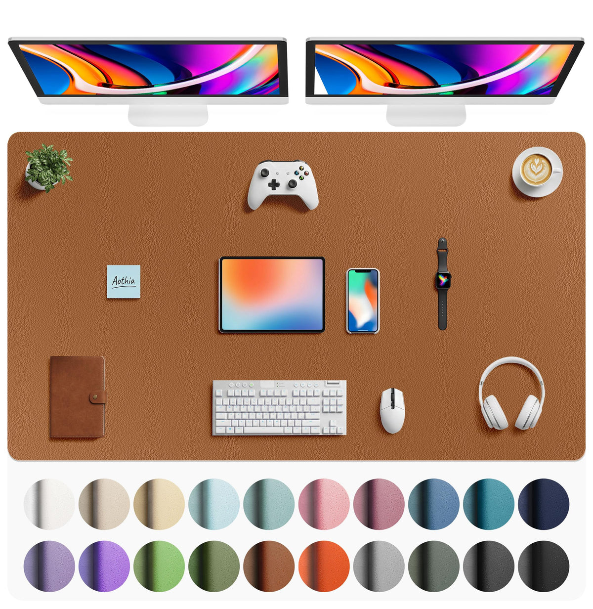 Aothia Faux Leather Desk Mat - Large Mouse Pad, Non-Slip PU Leather Blotter, Waterproof Writing