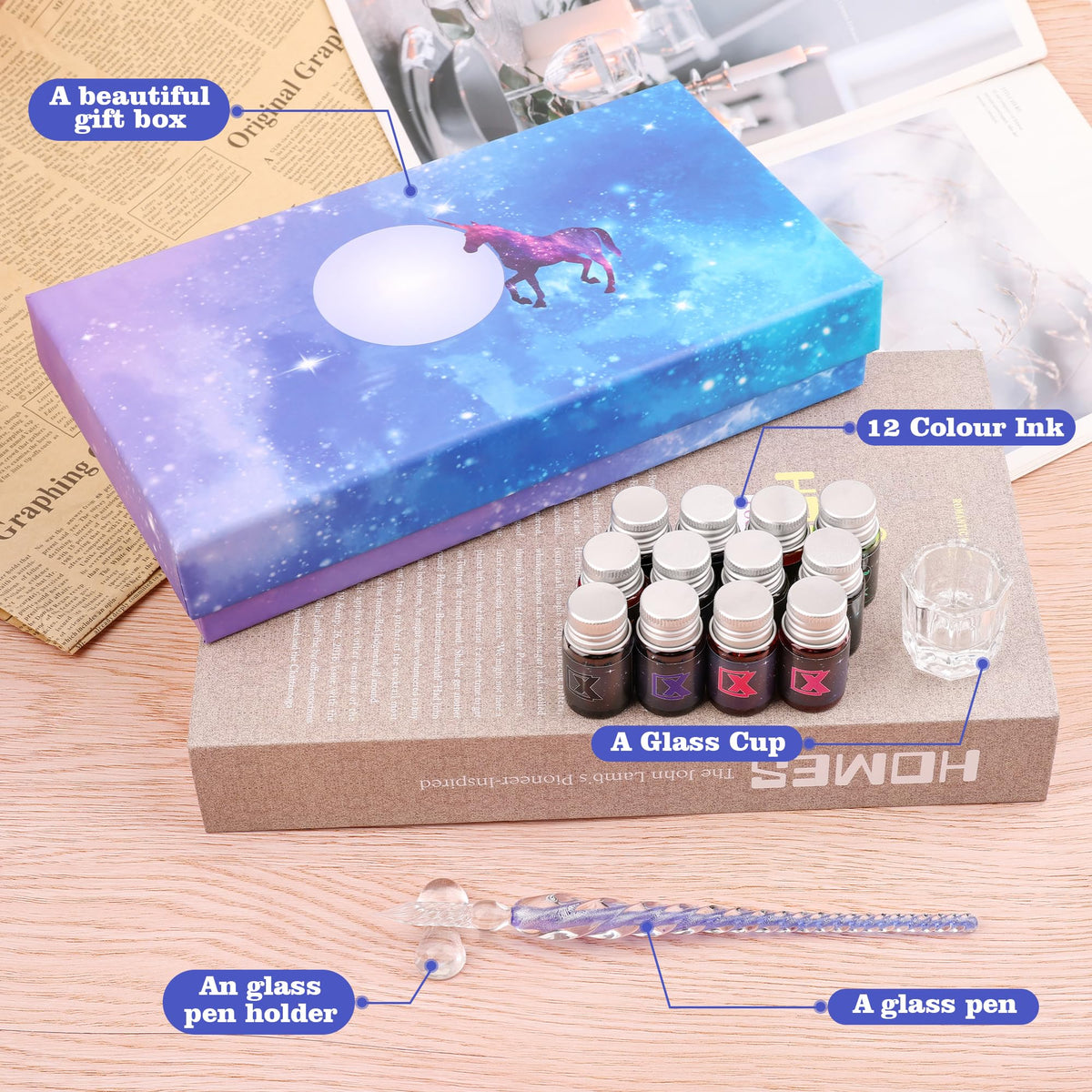 Luxiv Glass Dip Pen Set, Purple Crystal Pen With Ink, Holder, and Package