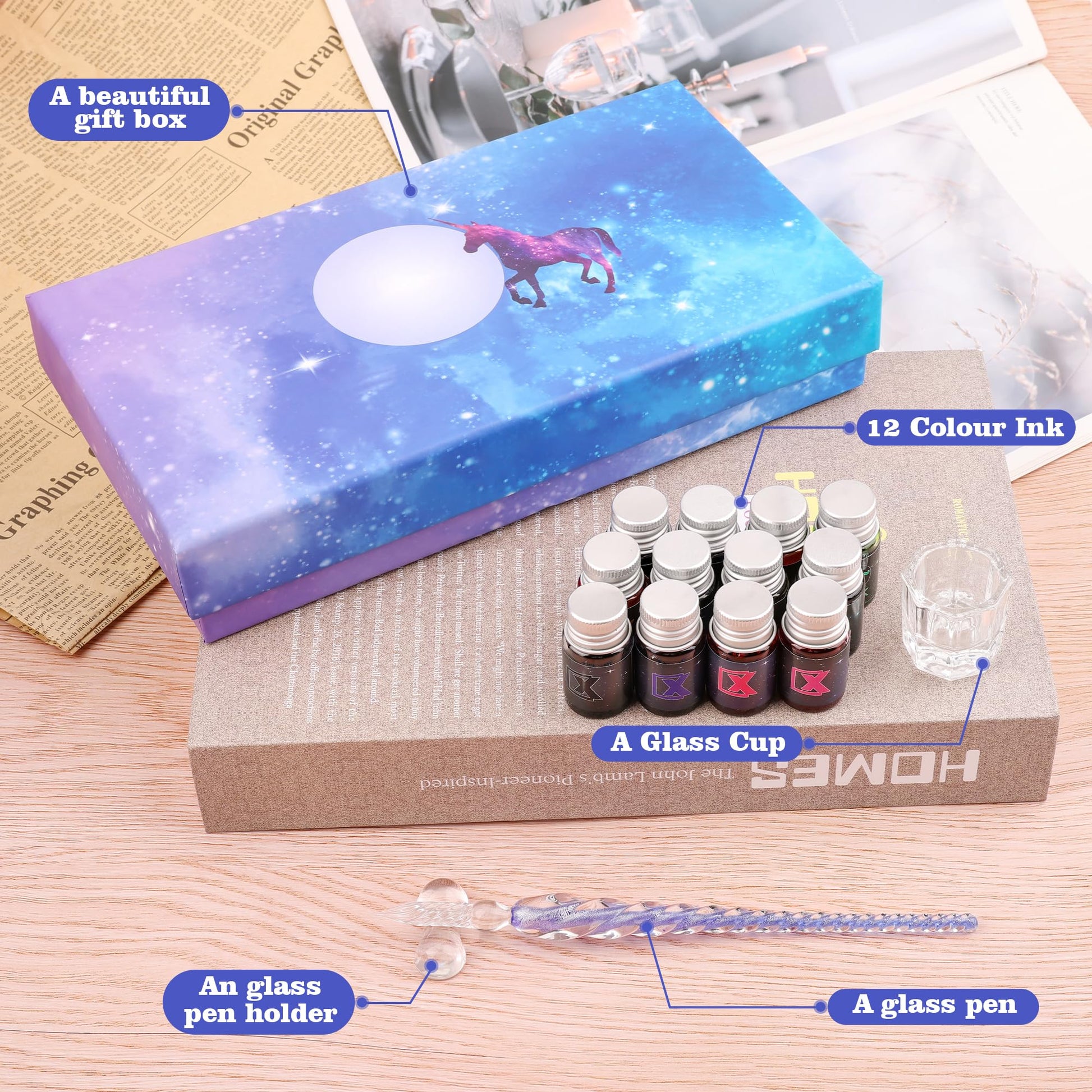 Luxiv Glass Dip Pen Set, Purple Crystal Pen With Ink, Holder, and Package