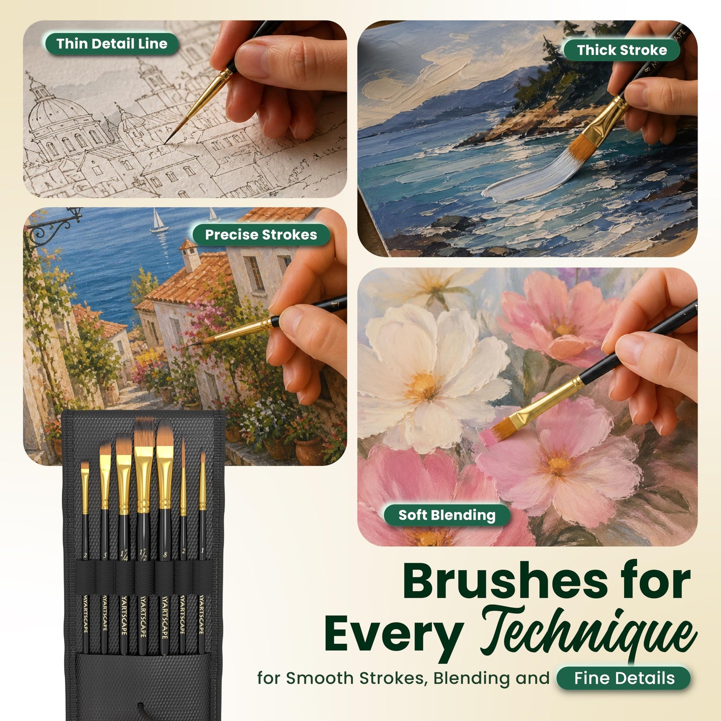 MyArtscape Travel Paint Brush Set - 7 Taklon Brushes with Case