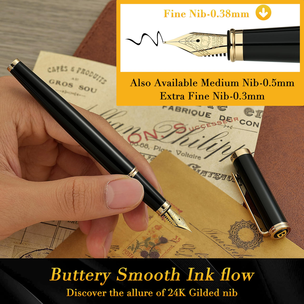 BEILUNER Black Fountain Pen,Stunning Luxury Pens with 24K Gold Accents, Gorgeous 24K Gilded