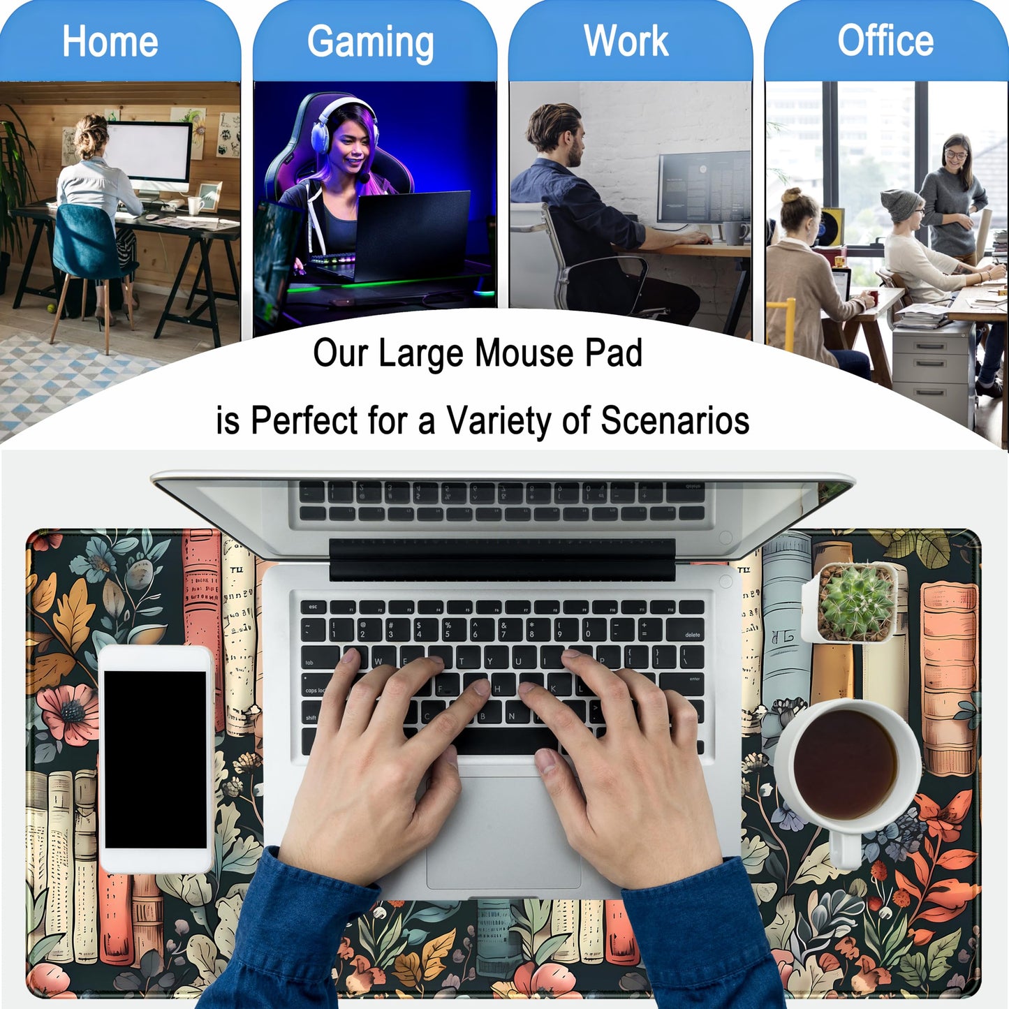 Floral Books Desk Mat Reading Desk Pad Mouse Mat XXL, Colorful Mouse Keyboard Pad Flower Bookshelf