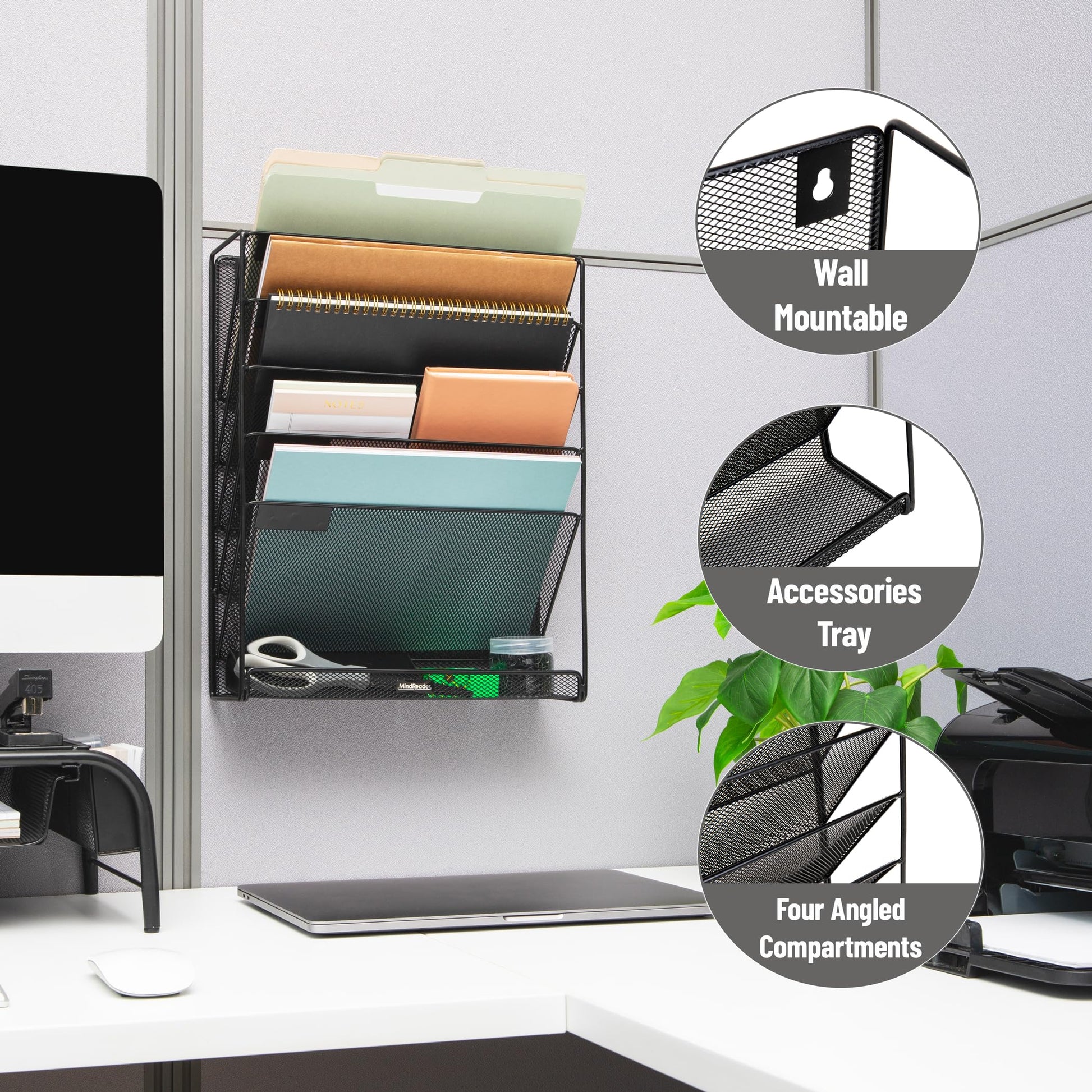 Mind Reader 5-Pocket Vertical File Storage, Desktop Organizer, Wall Mount, Office, Metal Mesh, Black