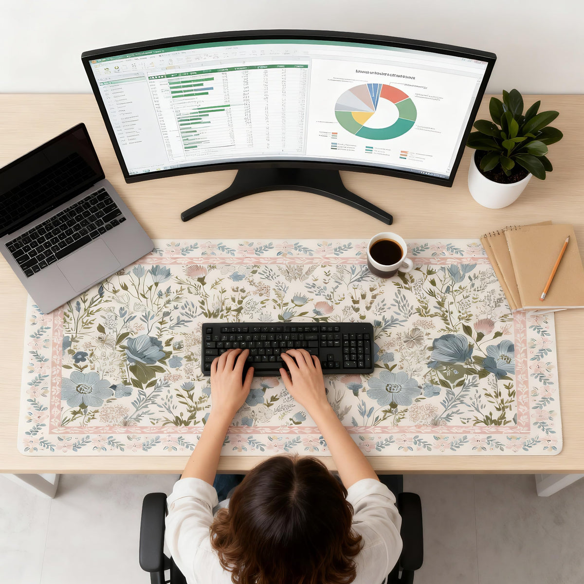 Aesthetic Pink Floral Desk Pad, XXL Large Mouse Pad for Desk with Anti-Slip & Stitched Edges