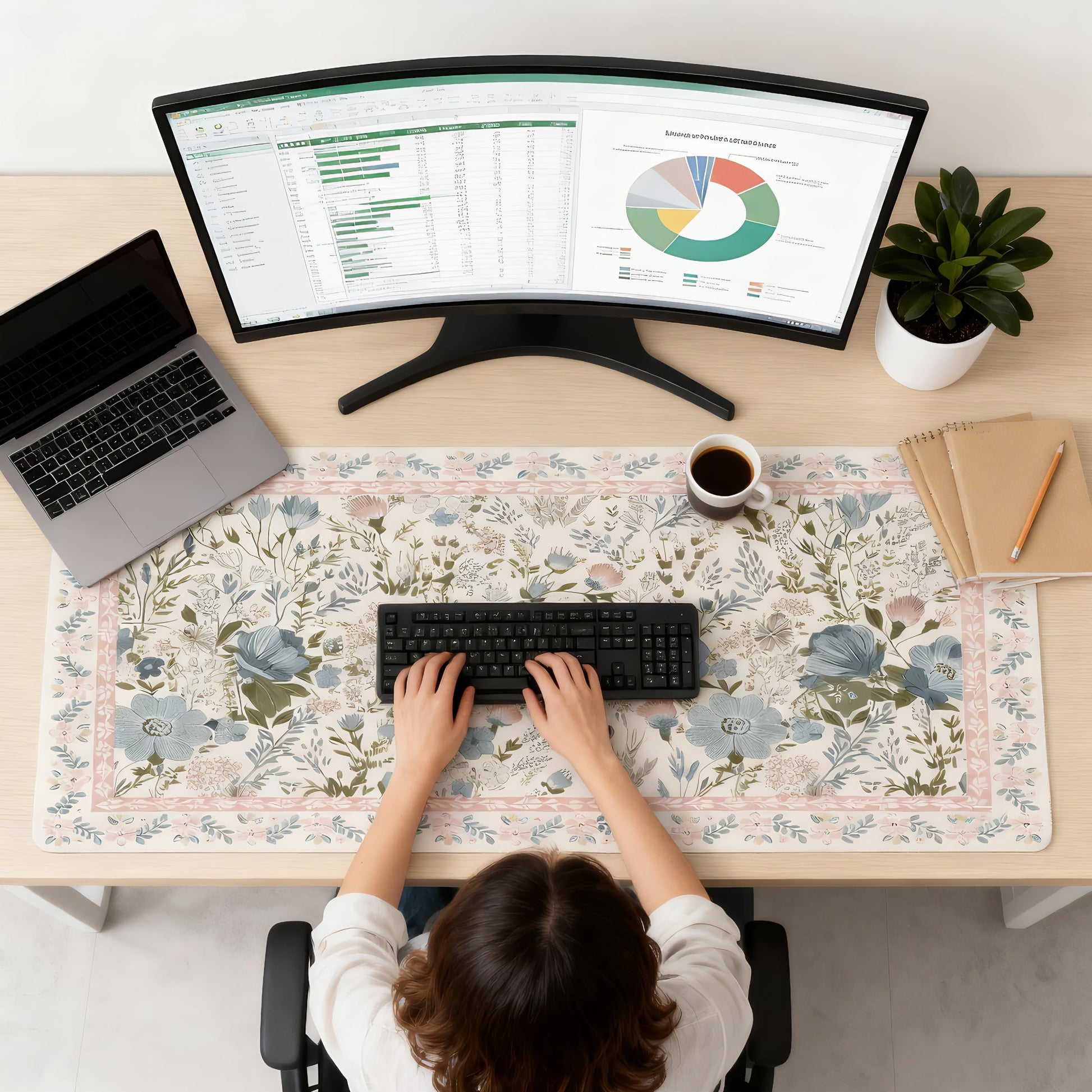 Aesthetic Pink Floral Desk Pad, XXL Large Mouse Pad for Desk with Anti-Slip & Stitched Edges