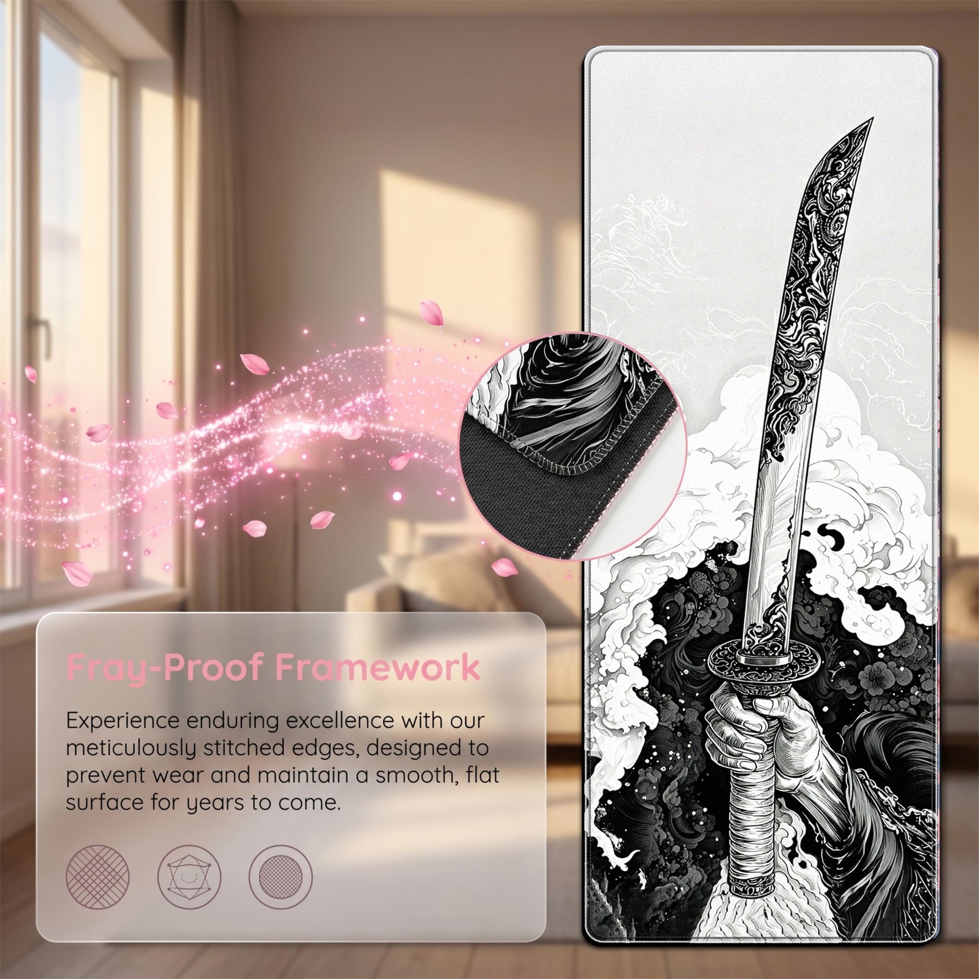 PEPYJAN Black and White Japanese Samurai Sword Game Mouse Pad, Extended Large Desktop Pad, Stitched