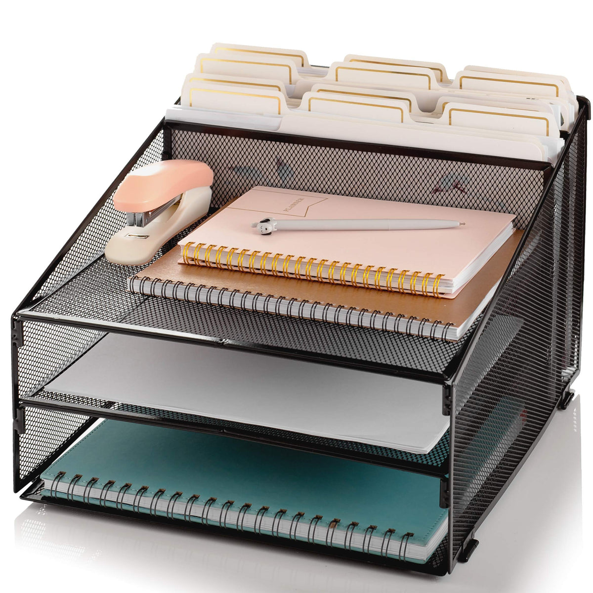 Metal Office Desk Organizer 3-Tier, Mesh Desktop Document and A4 File Holder with 3 Flat Trays and